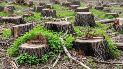 Obraz premium Deforestation aftermath: tree stumps and new growth in cleared forest area