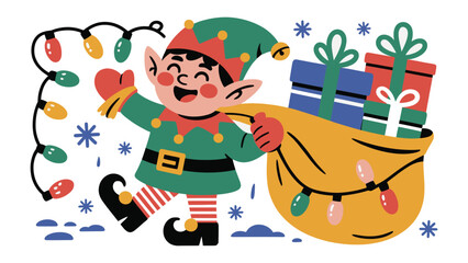Whimsical Christmas Elf with Gifts: A cheerful Christmas elf, donned in festive attire, dances joyfully while carrying a generous sack filled with presents, decorated with fairy lights.