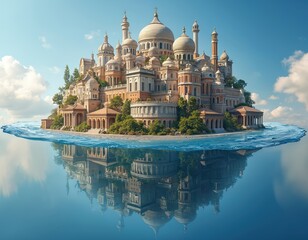Naklejka premium Island castle towers rise above water. Domes, turrets, plants dot architecture. Sky bright with clouds. Reflection shows buildings architecture underwater. Travel destination for tourists. Vacation,