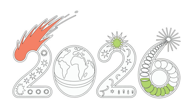 Celestial Year: A unique representation of the year 2026, where the numbers are creatively designed with celestial elements such as the sun, Earth, and stars, representing time, the cosmos.