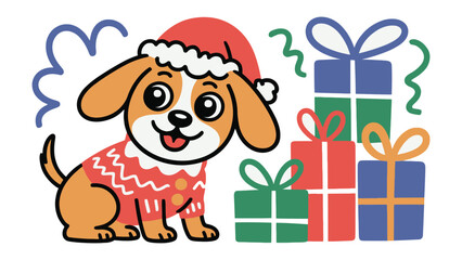 Joyful Pup's Christmas Cheer: A charming cartoon puppy, adorned in a festive Santa hat and sweater, anticipates the joy of Christmas. Presents piled up, creating an atmosphere of warmth and giving. 