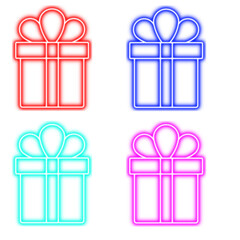 Neon light present boxes glowing outline symbol with bows