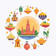 Obraz premium Vibrant illustration of Thai cultural elements and traditional food surrounding a central temple.