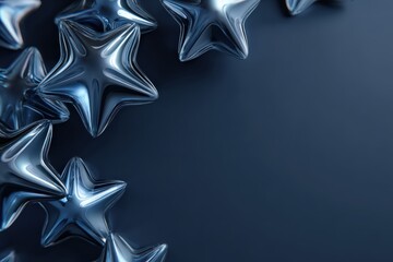 Obraz premium Abstract 3D Render of Glossy Metallic Stars on Navy Gradient Background
