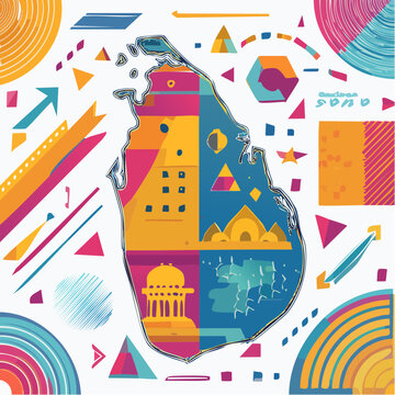 Abstract geometric map of Sri Lanka with cultural landmarks and vibrant patterns.