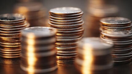 Stacks of Shiny Coins in Warm Light, Symbol of Wealth, Savings and Financial Growth