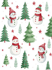 Delicate and cute Christmas watercolor pattern. Seamless texture depicts snowmen, pine branches, stars. Festive atmosphere. For gift wrapping, Christmas decor, fabrics, for winter projects