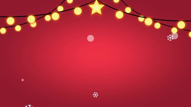 A warm Christmas greeting illustration featuring glowing string lights, a bright star, red background, and falling snowflakes. Perfect for holiday cards, banners, and seasonal designs.