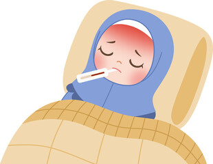 sick kid having fever using thermometer 