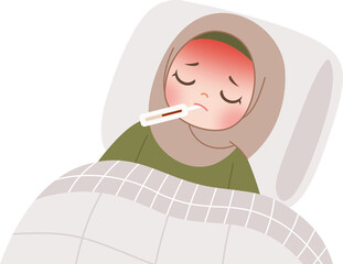 sick kid having fever using thermometer 