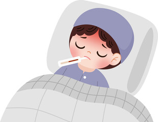 sick kid having fever using thermometer 