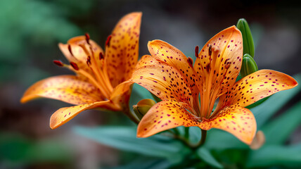 Radiant tiger lilies, adorned with speckled patterns, unfurl their petals, showcasing the vibrant beauty of a garden in full bloom.