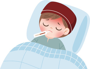 sick kid having fever using thermometer 