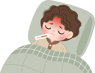 sick kid having fever using thermometer 