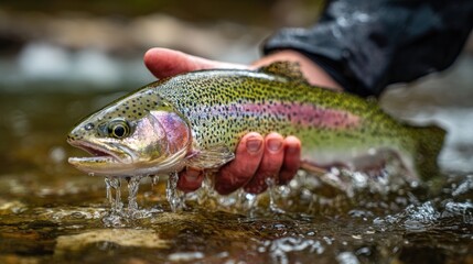 A person holds a rainbow trout in one hand while standing in shallow water. The sunlight reflects off the river as the fish glistens with droplets