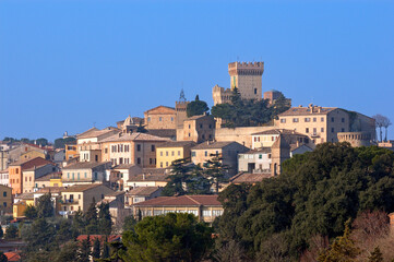 Offagna, Ancona district, Marche region, Italy, view of the village with the tower of the medieval fortress