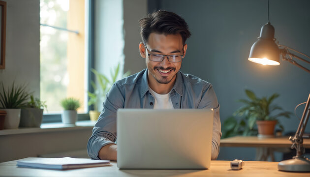 Man smiles using laptop computer for online learning or work. He studies digital courses with e-learning webinar at home office. Modern man develops skills via internet connection.