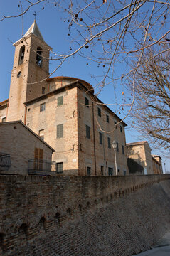 Ostra, Ancona district, Marche region, Italy, View of the village, with the 14th-century city walls and the bell tower of the Collegiate Church of Santa Croce in the foreground
