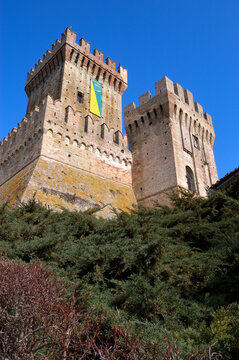 Offagna, Ancona district, Marche region, Italy, the towers of the medieval fortress