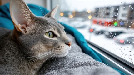 Oriental shorthair cat with big ears relaxing on sofa by a window on a rainy day