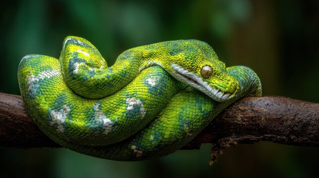 A green tree python is coiled on a branch in a forest. The snake has bright green scales with white patterns and eyes open, resting in the warm light of day