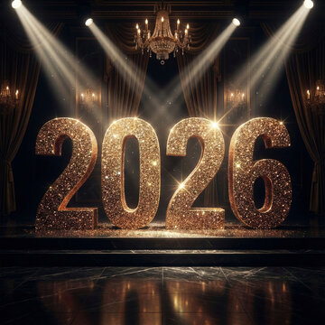 Sparkling golden glitter numbers 2026 prominently displayed on a luxurious stage, illuminated by bright spotlights, surrounded by elegant velvet curtains and a grand chandelier.