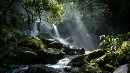 Fototapeta premium Serene forest stream with sunlit canopy. AI image