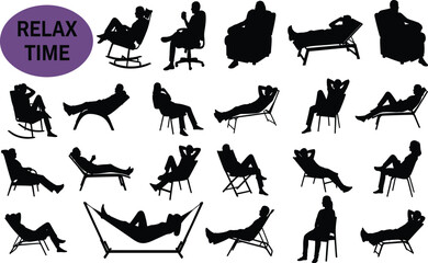 Large vector collection of human silhouettes engaged in various relaxing poses, sitting, and lounging in chairs, hammocks, and recliners for leisure time design.