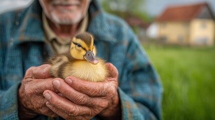 An elderly man holds a duckling gently in his hands. He stands in a green field with rural houses in the background. Bright daylight fills the scene
