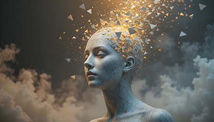 Conceptual image of a human figure with geometric fragments exploding from its head, illuminated by golden light against a dramatic cloudy sky, representing ideas, creativity, and inspiration