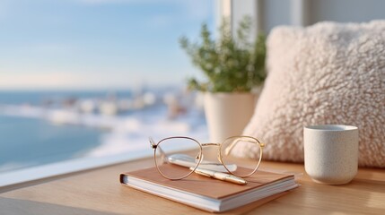 Blue light glasses on closed laptop and planner in cozy workspace setting