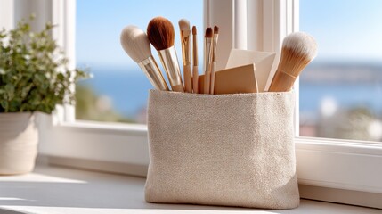 Artist's brush kit on windowsill overlooking sea, perfect for creative inspiration and crafting