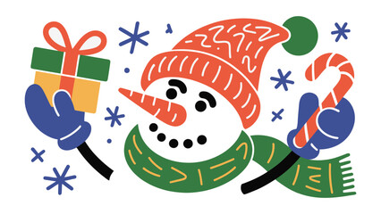 Fototapeta premium Snowman's Joyful Holiday Celebration: A cheerful snowman, adorned with a hat and scarf, embodies holiday spirit, holding gifts and treats, spreading joy and festive cheer.