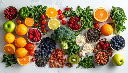 Photorealistic flat lay of fresh healthy ingredients including fruits, vegetables, nuts, and herbs arranged aesthetically on a clean kitchen surface, vibrant natural colors, crisp lighting, high-resol