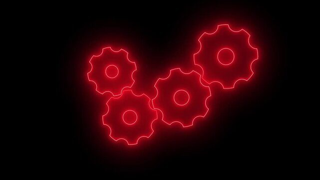 Glowing neon red gear settings icon animation isolated on black background.