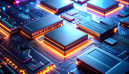 Close-up view of a futuristic computer motherboard with glowing orange circuits and intricate microchips.