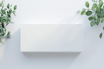 White canvas centered against white backdrop with green leaves at corners, suggesting creativity and nature theme. Soft lighting enhances minimalist aesthetic. Neural network AI generated