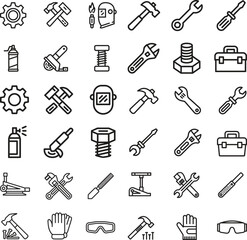 Industry tools thin line icons set. equipment, machinery, workshop. editable stroke. vector illustration