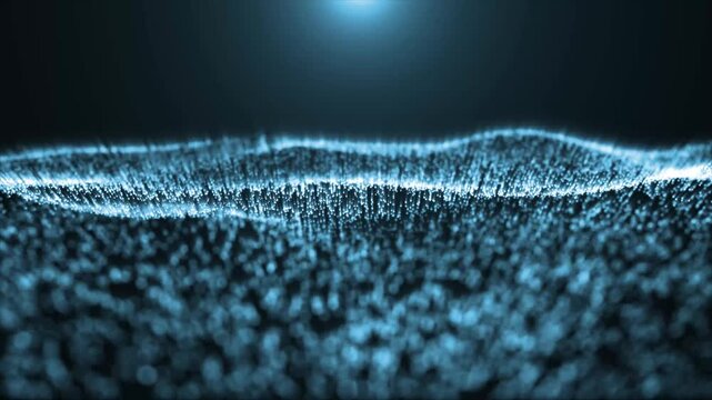 Abstract digital particles floating across a dark blue background with lighting effects
