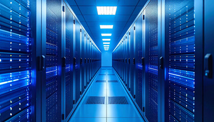 A long, blue-lit corridor in a modern data center with rows of server racks.