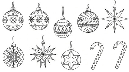 Christmas Ornaments and Candy Canes Line Art