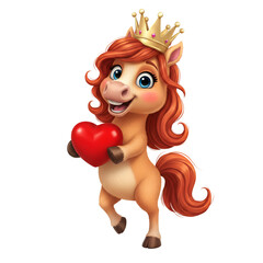
Cute red horse character with a golden crown on his head holding a red heart isolated on a transparent background