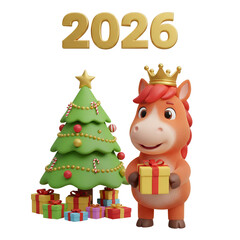 
A cute red horse character standing on its hind legs and holding a gift, next to a Christmas tree and gifts, with the inscription 2026 above it, isolated on a transparent background