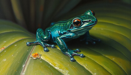 Turquoise frog on a leaf