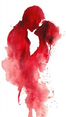 Abstract Romantic Watercolor Art of Couple Kissing in Red Silhouette