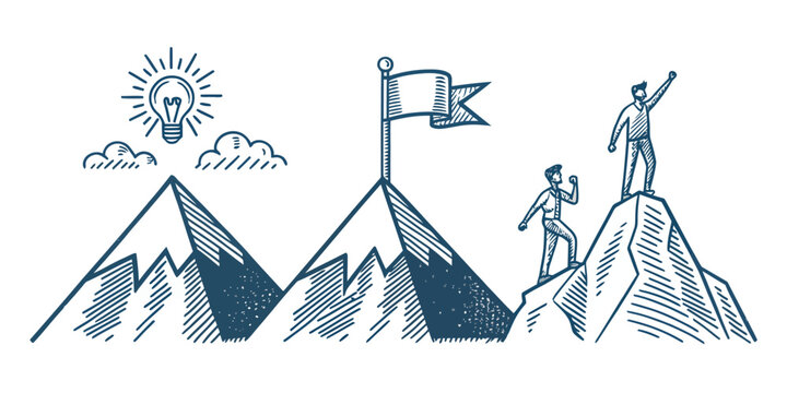 Mountain summit achievement with lightbulb and celebrating hikers