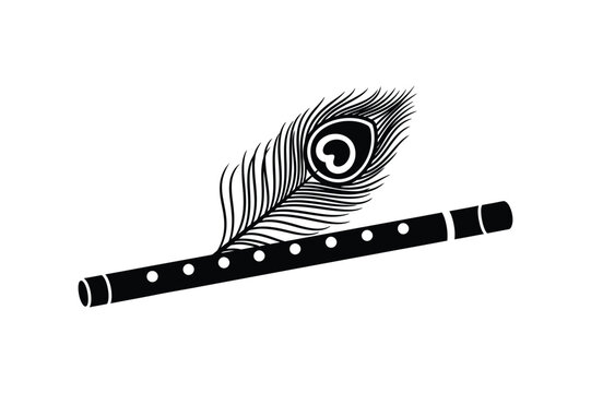A simple bansuri flute with a detailed peacock feather placed on top silhouette vector illustration