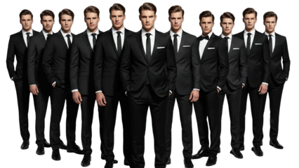 Men in Suits Standing Together on White Background