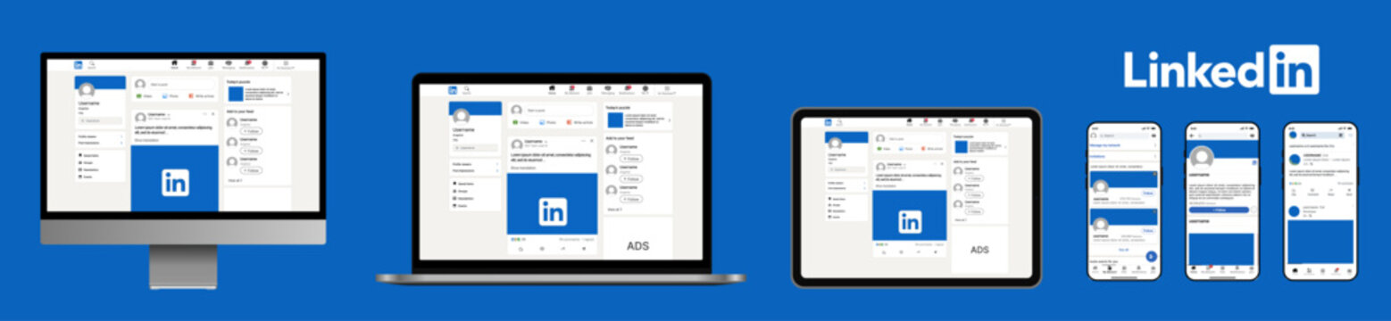 LinkedIn video player mockup template displayed on iMac, MacBook, iPad, and mobile frames, featuring LinkedIn UI layout and LinkedIn multi-device social media template for modern content preview desig