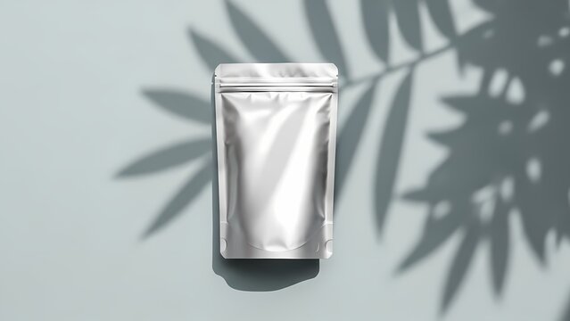 Stunning silver stand up pouch mockup casting elegant tropical leaf shadow for natural product branding